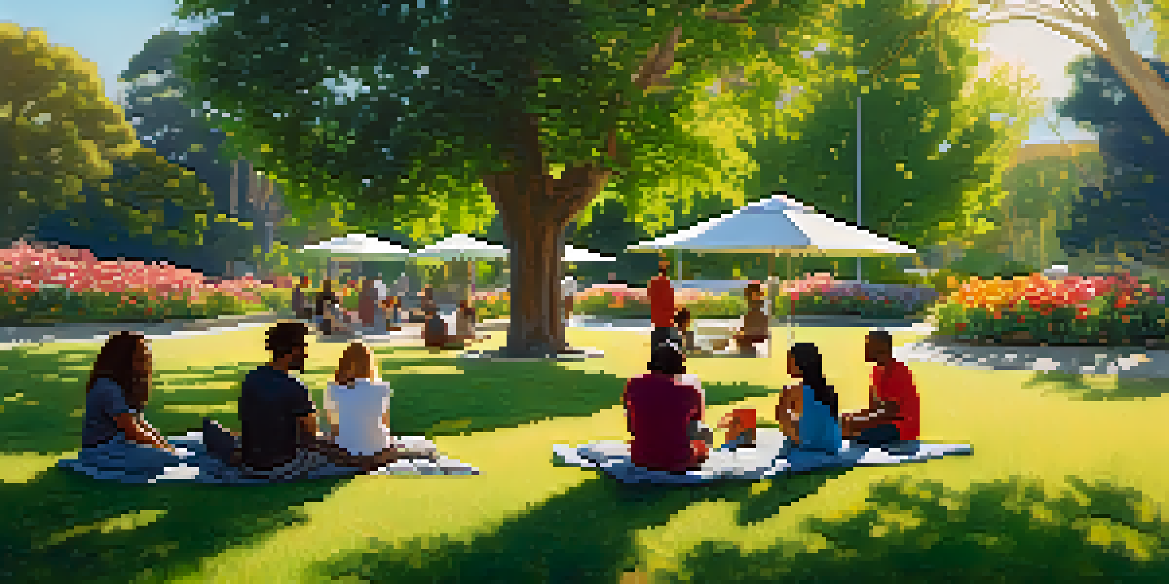 A diverse group of people sitting in a park, talking and enjoying the sunny day amidst blooming flowers and trees.