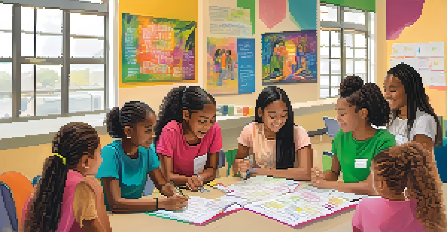 Young girls actively participating in a goal-setting activity at the Young Women's Leadership Academy, surrounded by empowering quotes and colorful artwork.