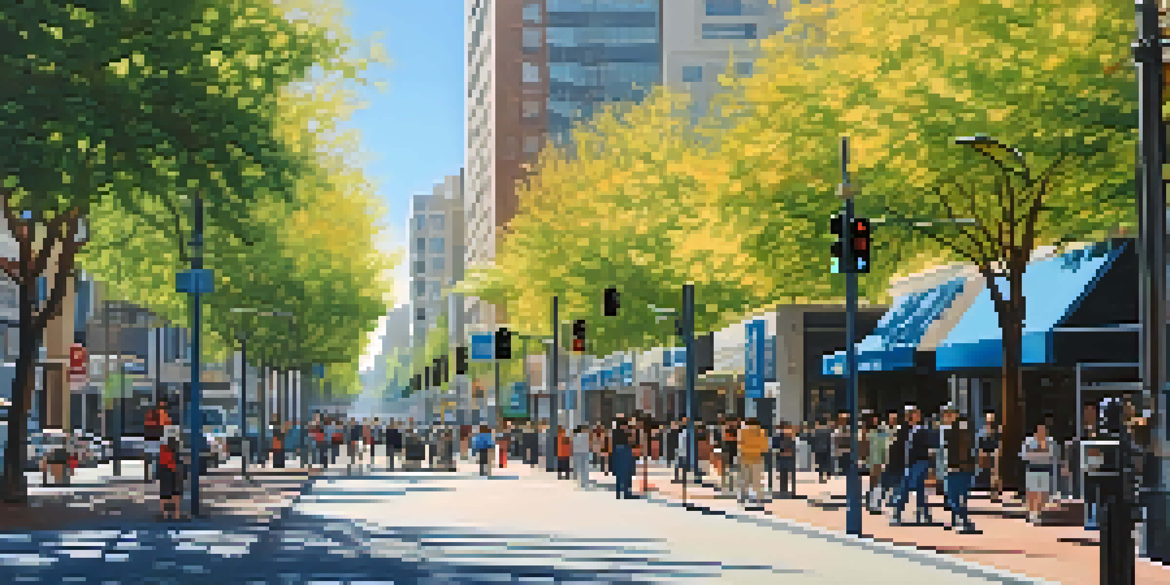 A busy urban street in San Jose with high-definition surveillance cameras on poles and pedestrians walking under clear skies.