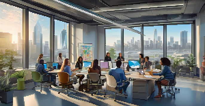 A diverse group of women collaborating in a tech office, surrounded by laptops and the San Jose skyline in the background.