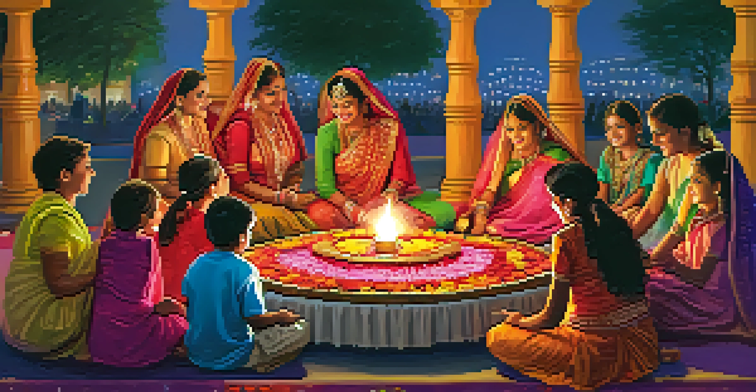 Families celebrating the Diwali Festival of Lights with colorful decorations, dance performances, and rangoli making.