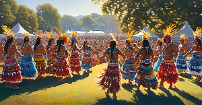 Indigenous dancers in traditional attire performing at a Pow Wow in a sunny park, surrounded by trees and spectators.