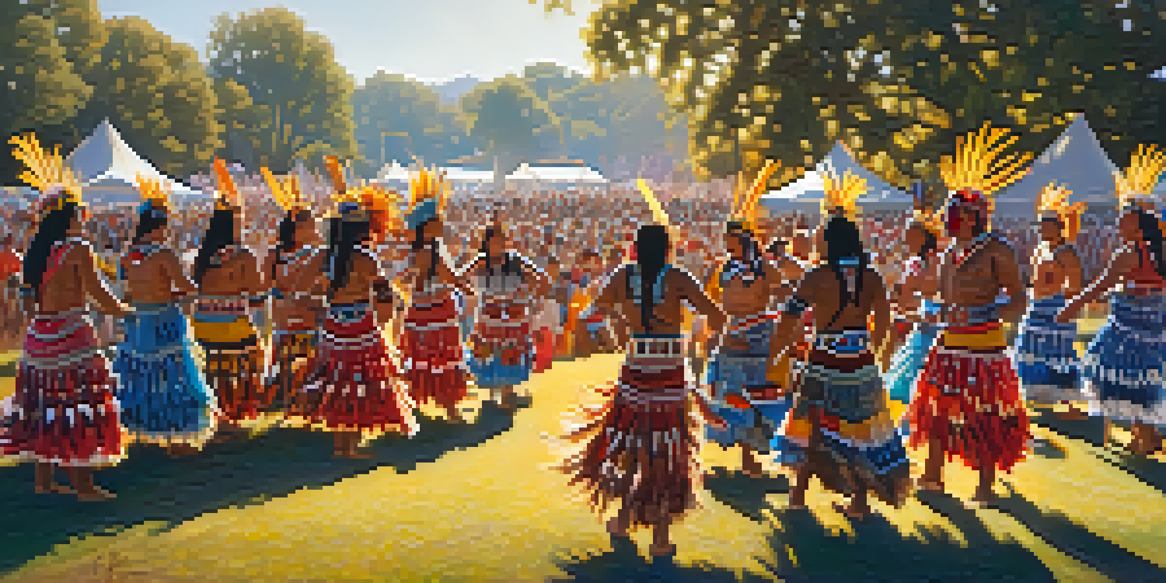 Indigenous dancers in traditional attire performing at a Pow Wow in a sunny park, surrounded by trees and spectators.