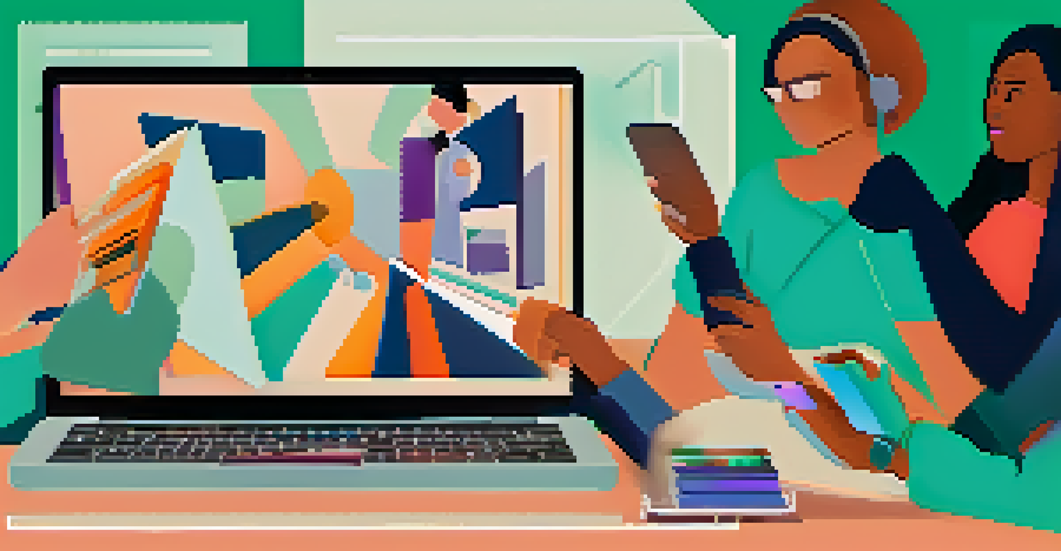 Close-up of hands typing on a laptop, with diverse women discussing in the background.