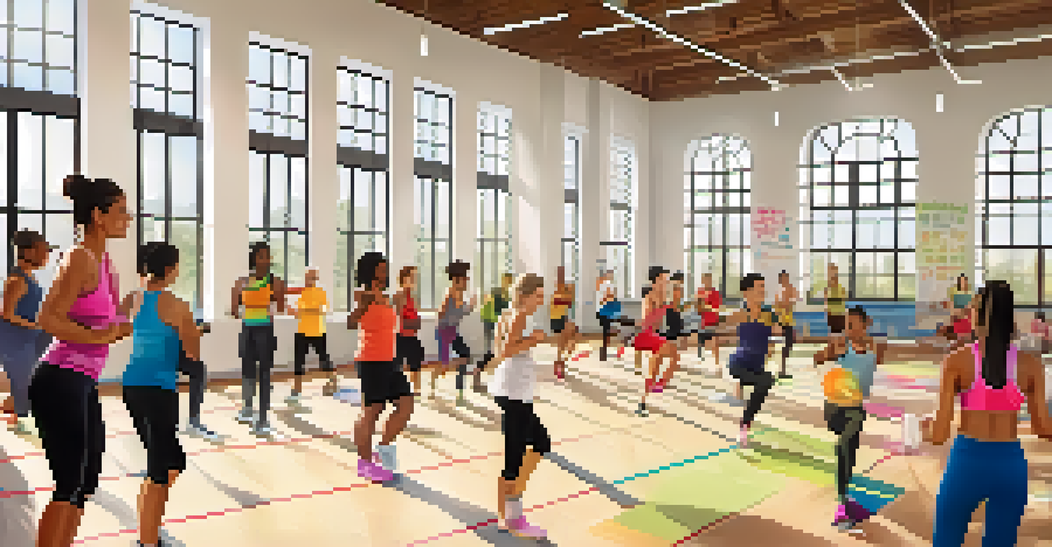 A diverse group of people of different ages participating in a fitness class at a community center gym with bright natural light.