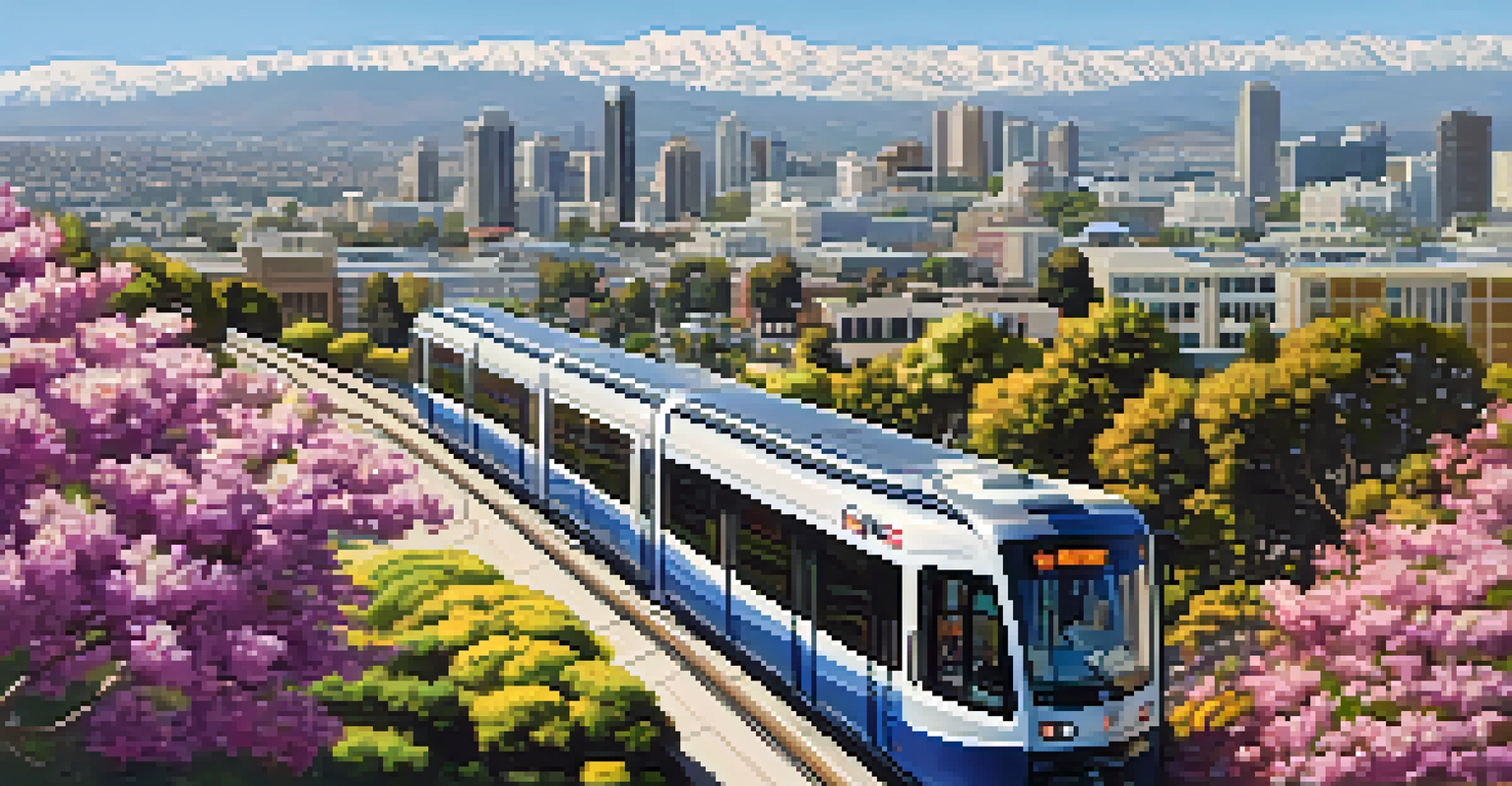 An aerial view of a light rail train moving through San Jose, with blooming flowers and trees along the tracks and a cityscape in the background.