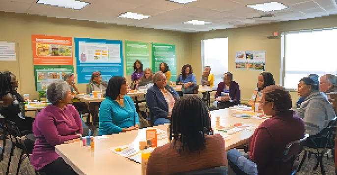 A community health workshop with diverse attendees engaging in discussion, a presenter at the front, and colorful posters about preventive care in a well-lit room.