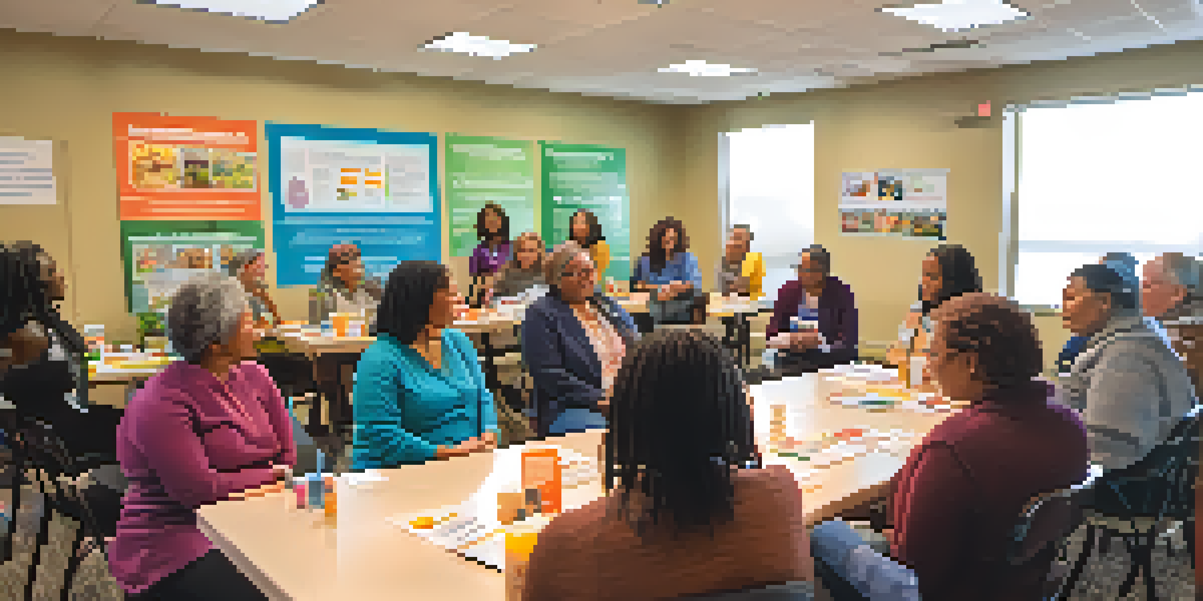 A community health workshop with diverse attendees engaging in discussion, a presenter at the front, and colorful posters about preventive care in a well-lit room.