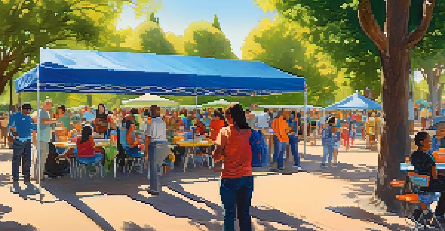 A community event in a San Jose park featuring booths about digital resources, with people of all ages interacting in a lively atmosphere.
