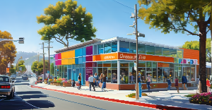 A modern small business development center in California with people interacting outside, colorful banners, and a sunny sky.