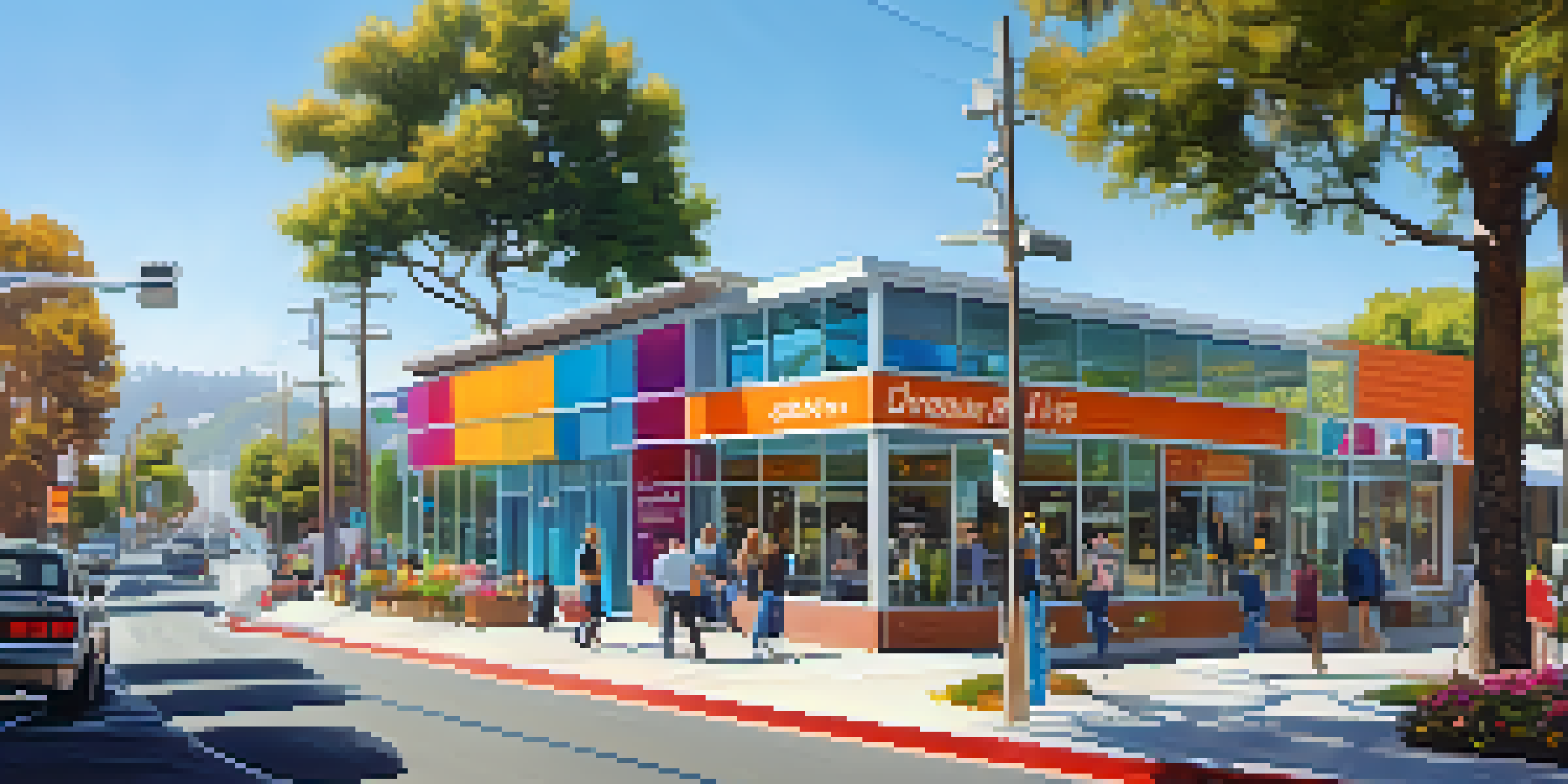 A modern small business development center in California with people interacting outside, colorful banners, and a sunny sky.