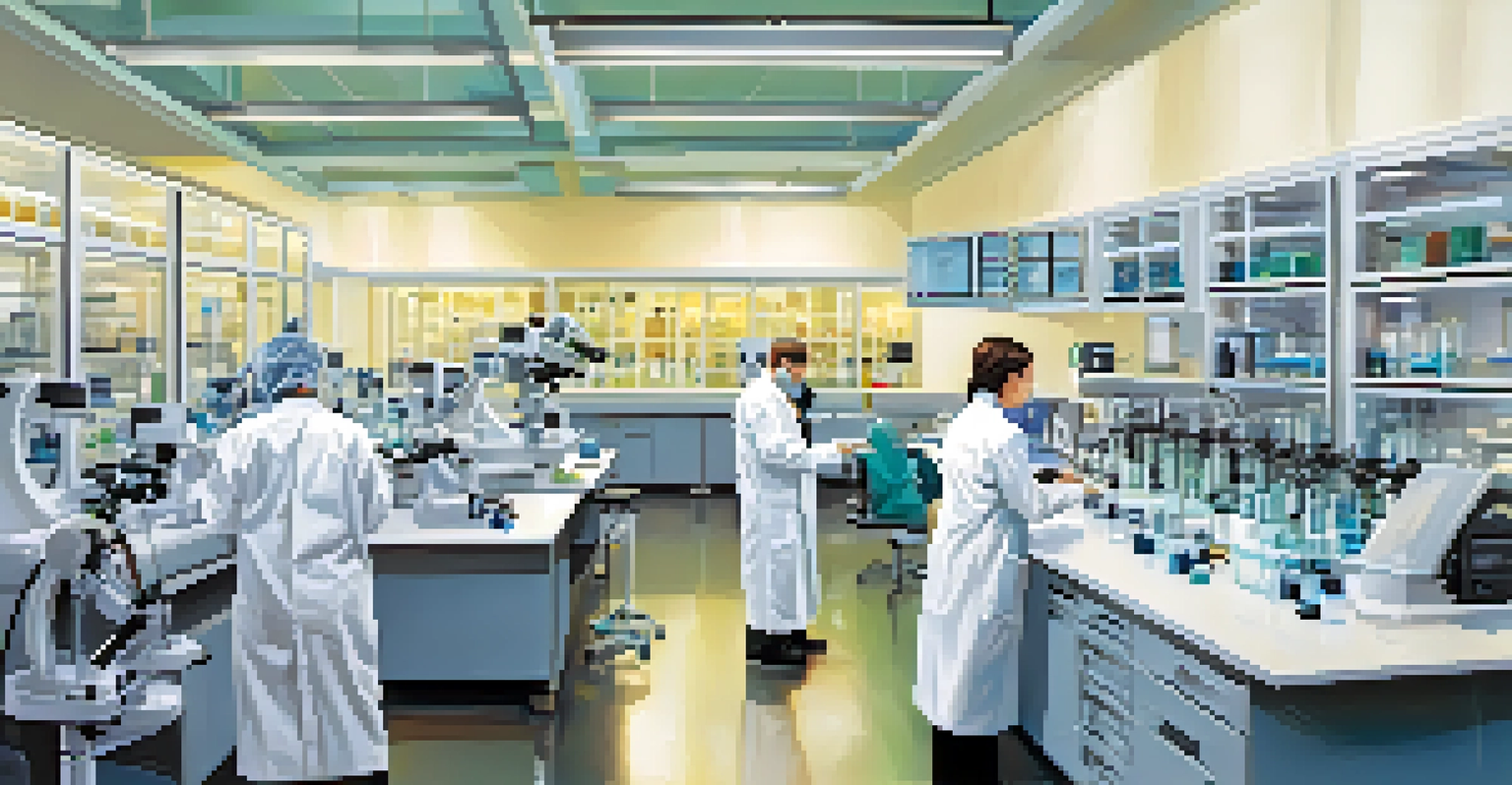 Interior shot of a modern biotech lab with scientists working on high-tech equipment and glassware under soft lighting.