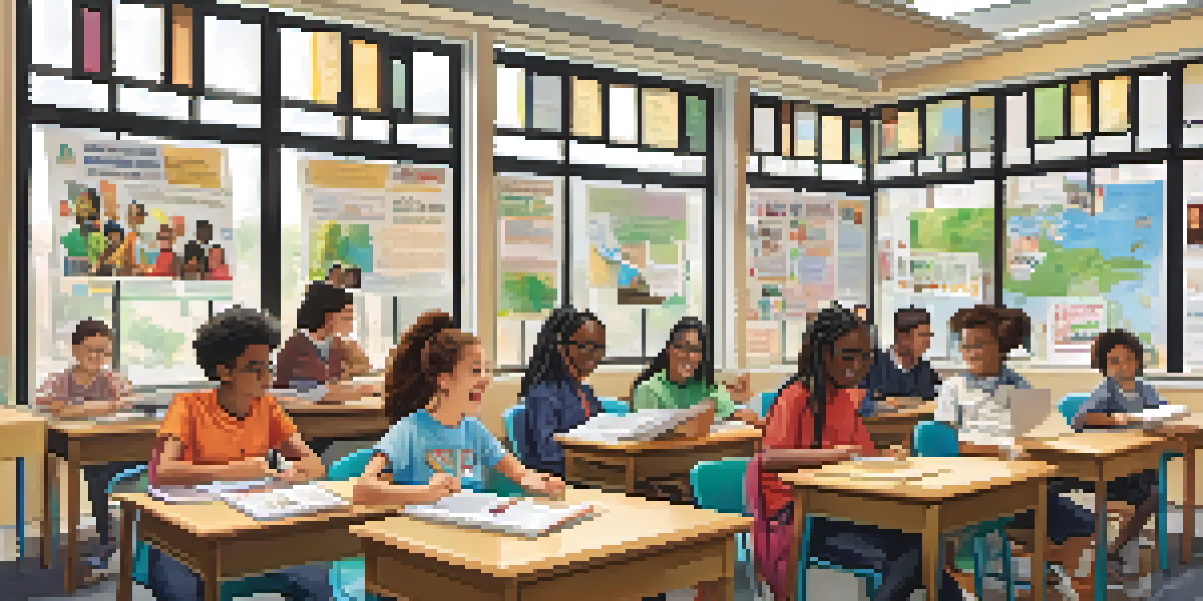 A classroom filled with diverse students participating in a civic education workshop, surrounded by educational posters and natural light.