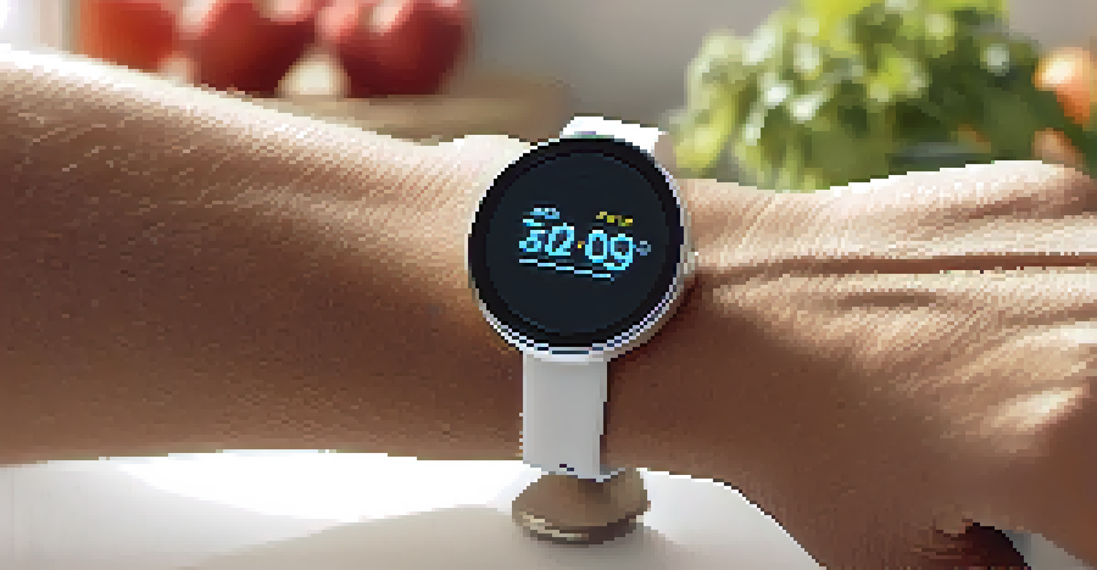 Close-up of a smartwatch displaying health metrics on a senior's wrist in a sunny kitchen.