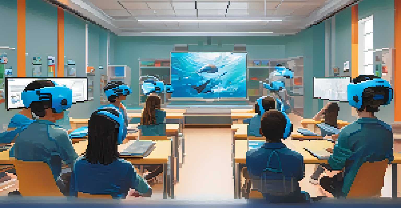 A futuristic classroom with students using augmented reality headsets to engage with virtual learning tools and 3D models.
