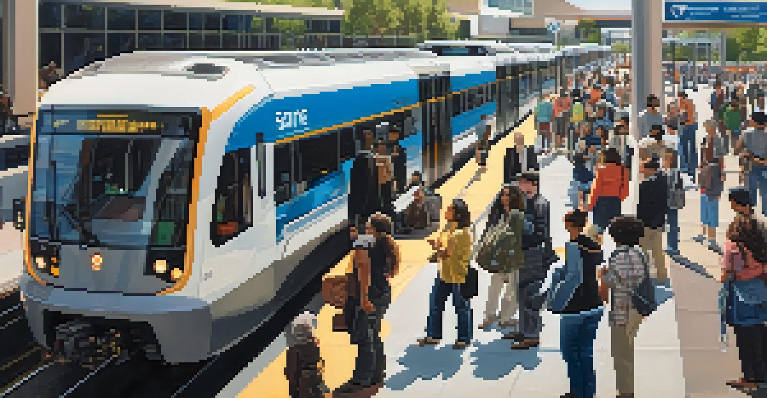 A busy public transit station in San Jose with a light rail train and diverse passengers waiting on the platform.