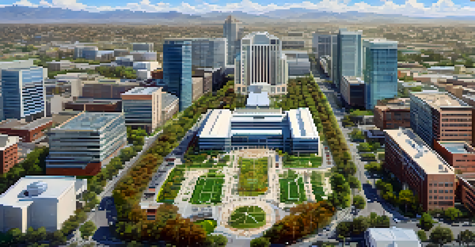 Aerial view of San Jose highlighting tech and healthcare sectors with green parks and busy streets.