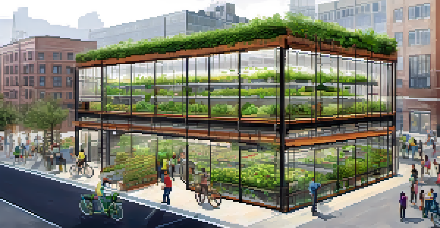 A repurposed warehouse serving as a vertical farm, adorned with greenery and solar panels, with people working inside.