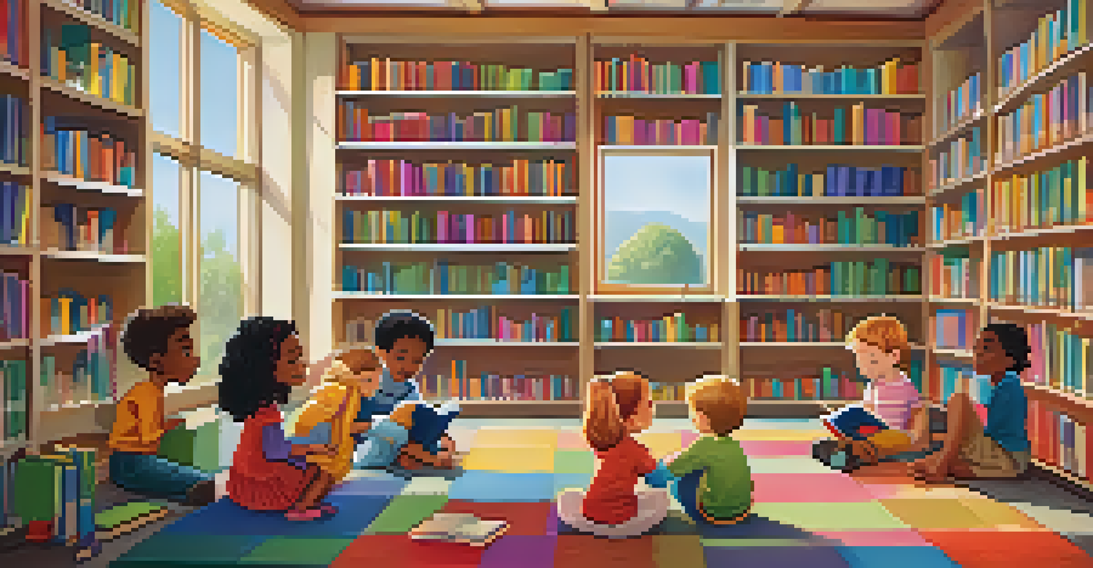 Students reading to children in a cozy library, surrounded by colorful bookshelves and warm lighting.