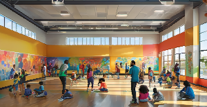 A lively community center in San Jose with young people participating in art workshops and sports, surrounded by colorful murals and bright natural light.