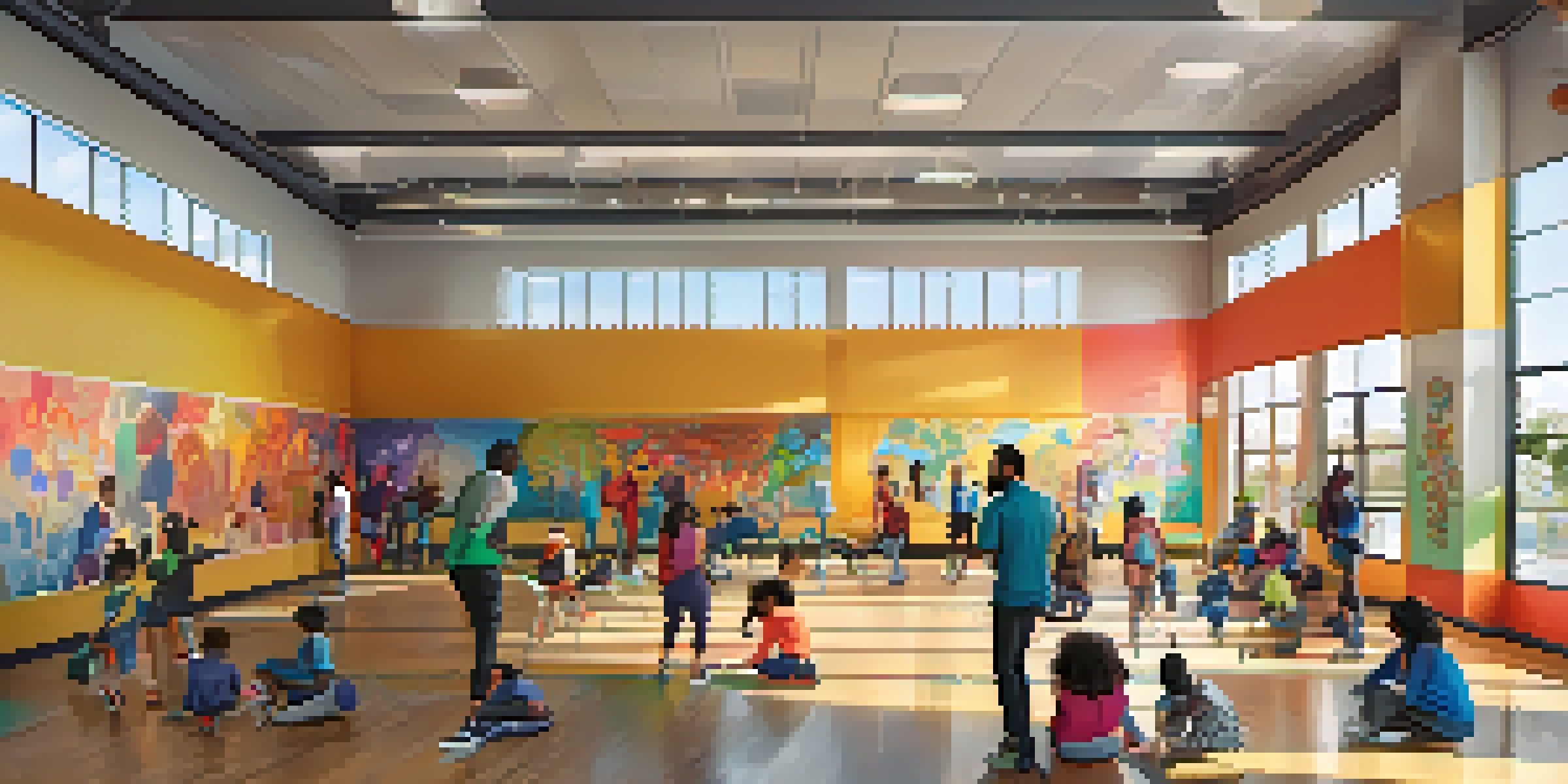 A lively community center in San Jose with young people participating in art workshops and sports, surrounded by colorful murals and bright natural light.
