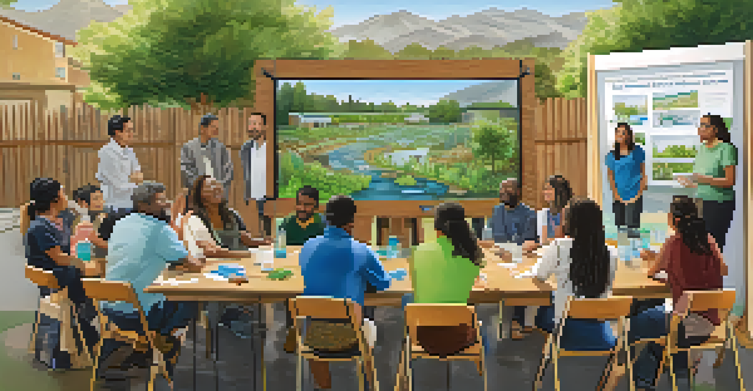 A community workshop with residents learning about rainwater harvesting, surrounded by educational materials and plants.