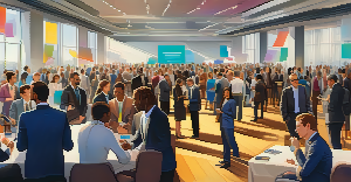 A lively networking event in a modern conference hall with professionals talking and exchanging business cards.