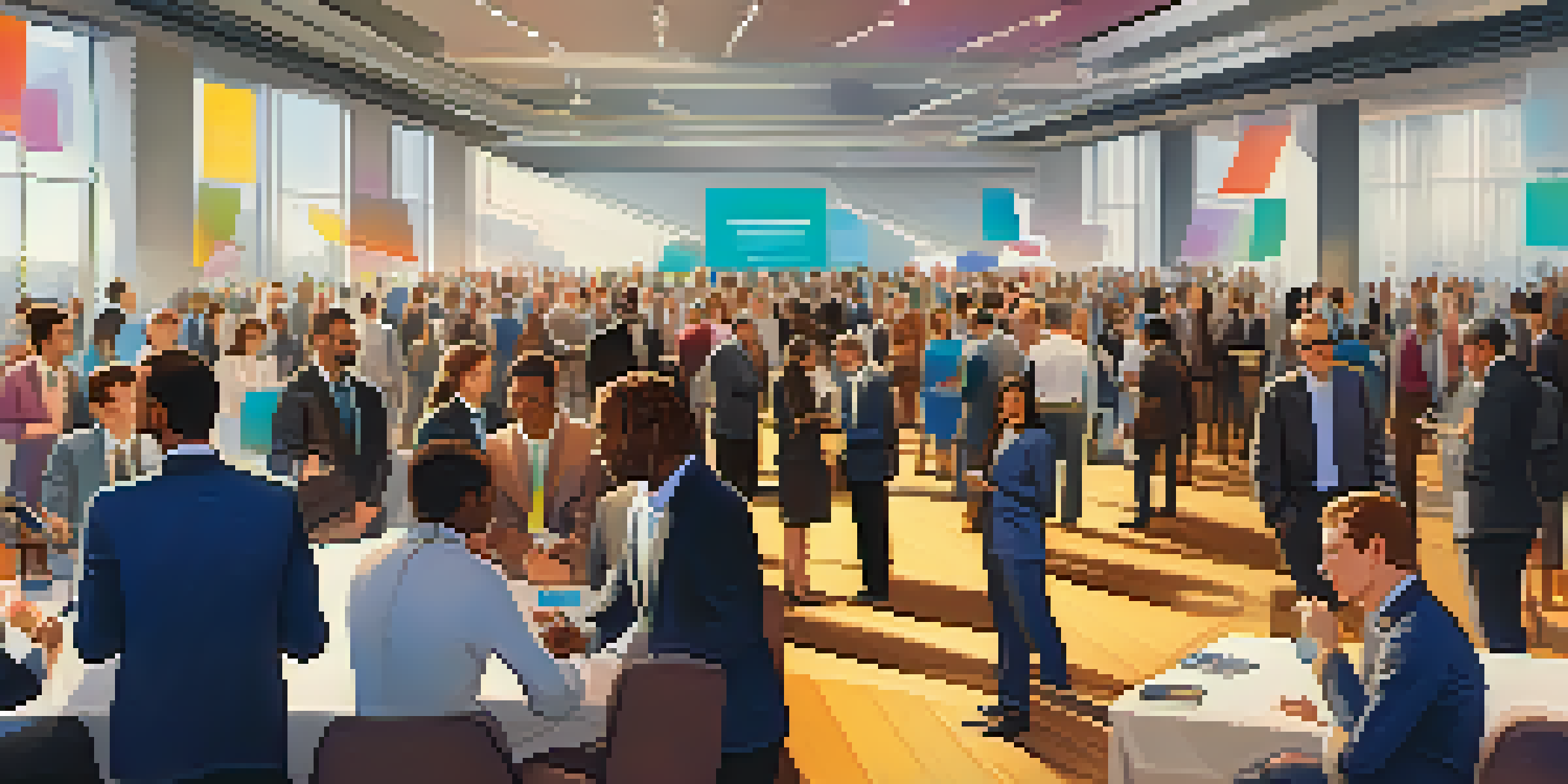 A lively networking event in a modern conference hall with professionals talking and exchanging business cards.