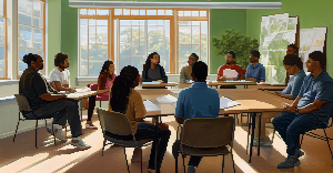 A diverse group of immigrants participating in a legal workshop at a community center, with a facilitator explaining concepts on a whiteboard.