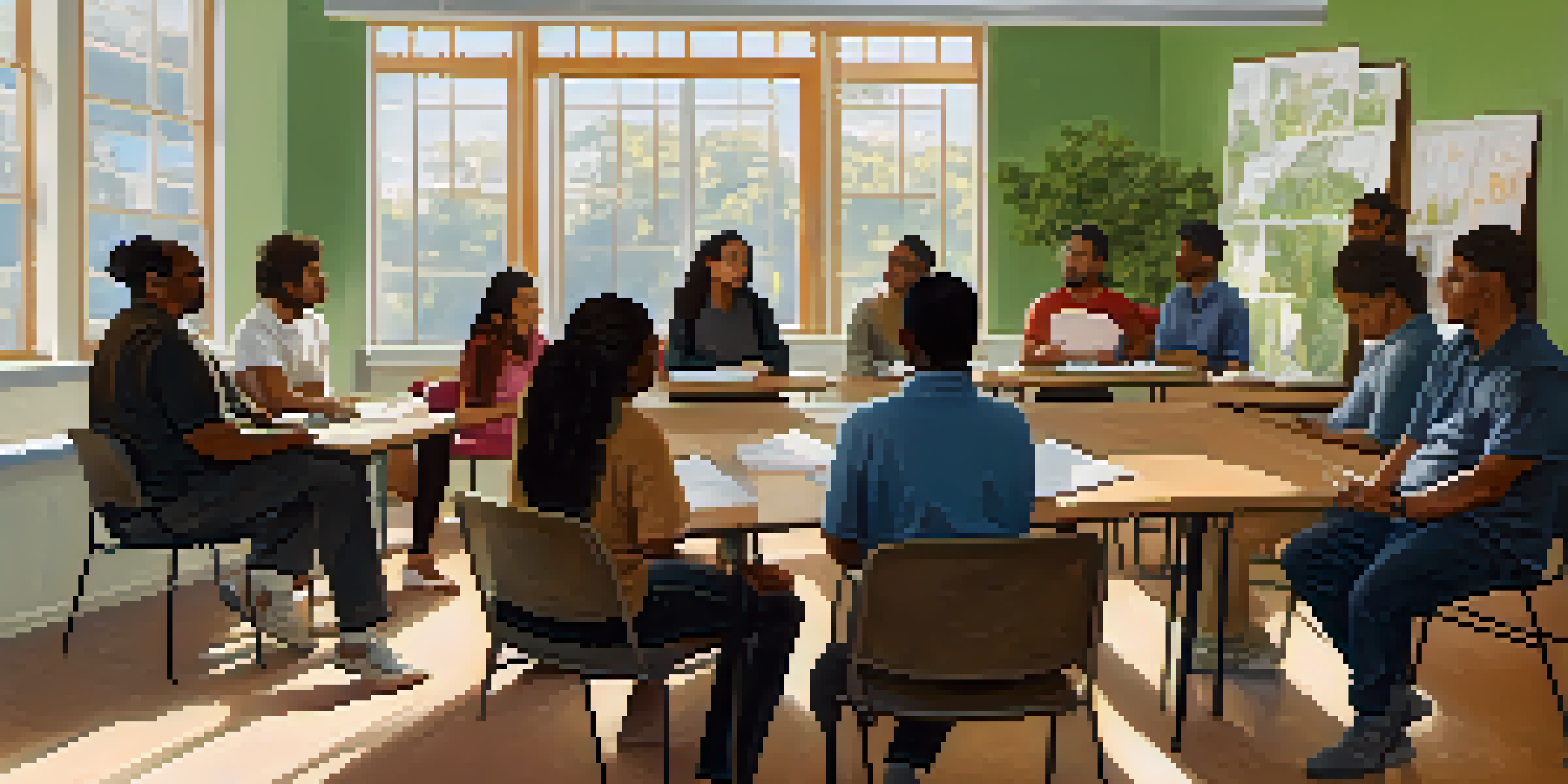 A diverse group of immigrants participating in a legal workshop at a community center, with a facilitator explaining concepts on a whiteboard.