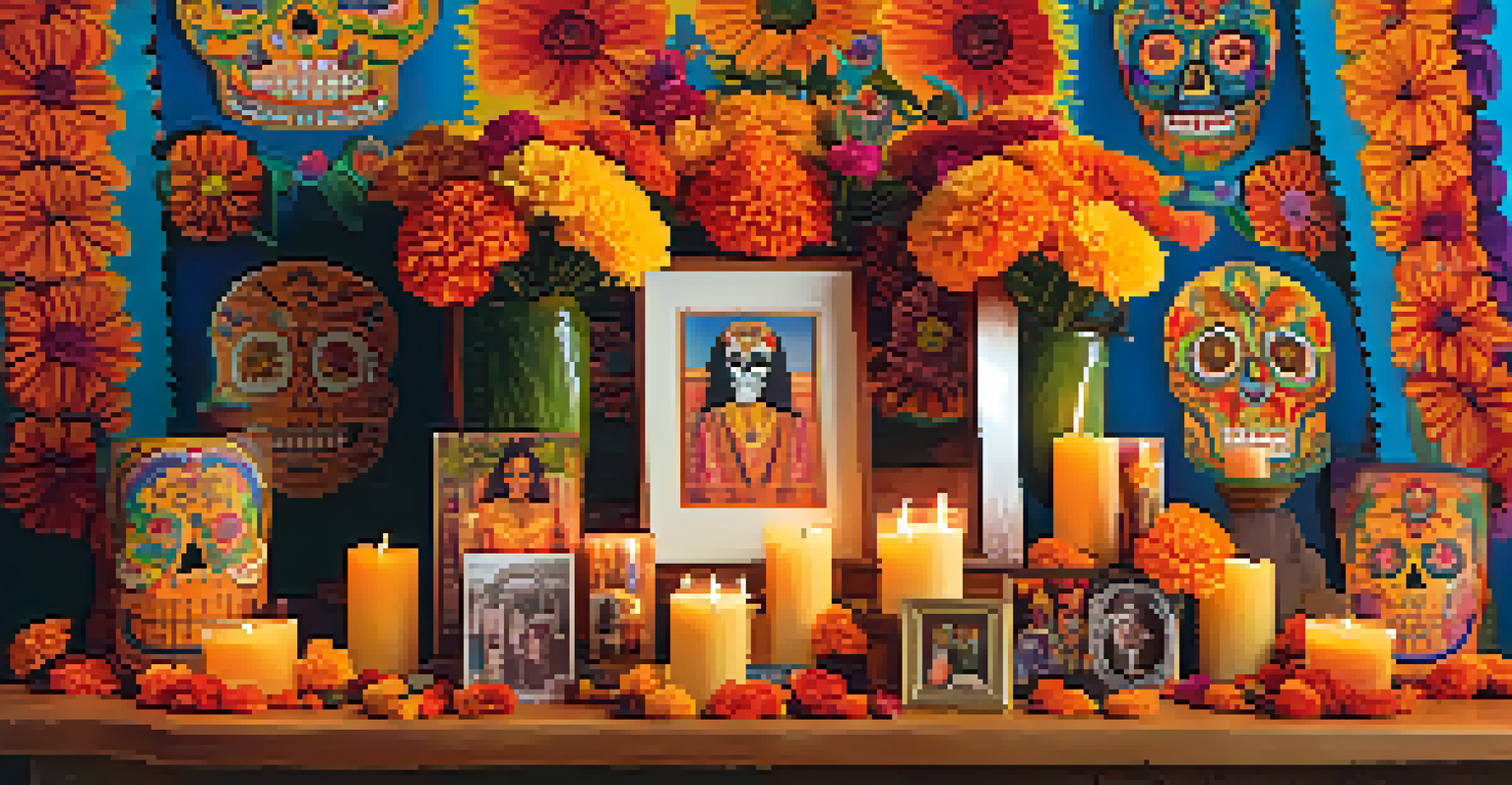 A colorful altar for Dia de los Muertos adorned with marigolds, candles, and photos, set against a decorated wall.