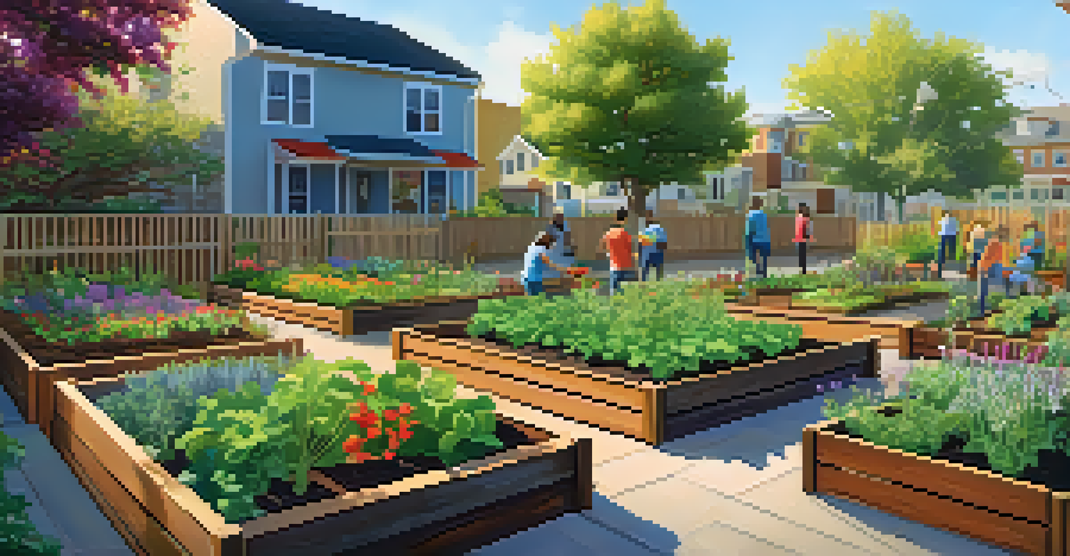 A community garden with residents planting vegetables together, surrounded by vibrant flowers and a wooden fence.