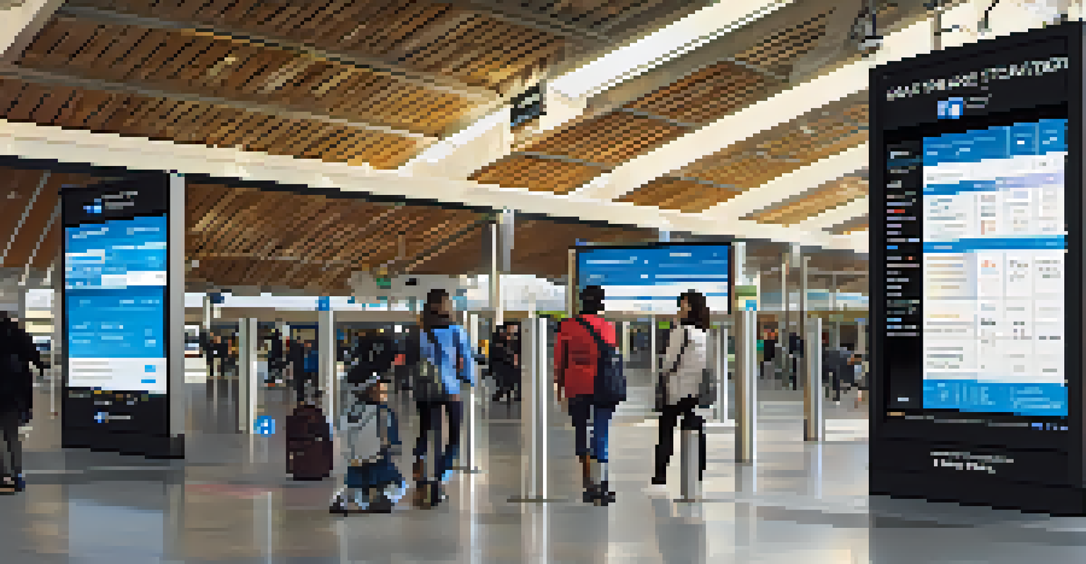 Close-up of a smart transit station in San Jose with digital displays, ramps, and diverse commuters using mobile apps.