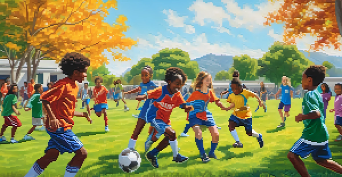 A diverse group of young athletes enjoying a game of soccer in a park, with families cheering in the background.