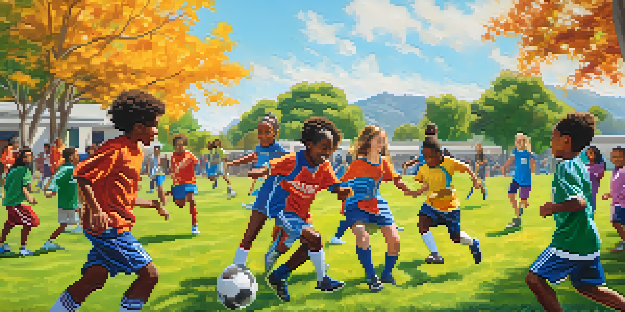 A diverse group of young athletes enjoying a game of soccer in a park, with families cheering in the background.