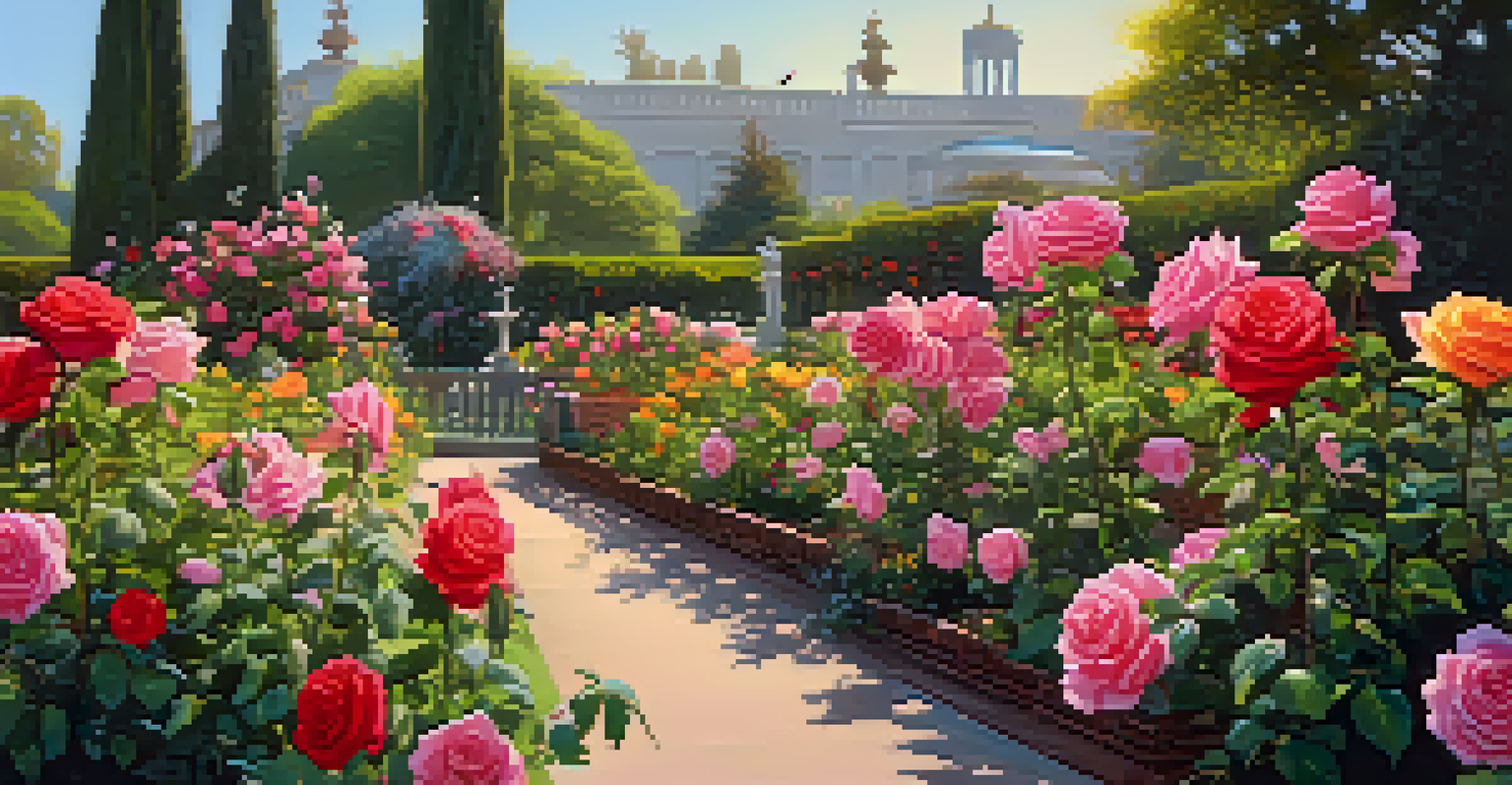 A rose garden with colorful blooming flowers and birds perched among them, with a birdwatcher in the background.