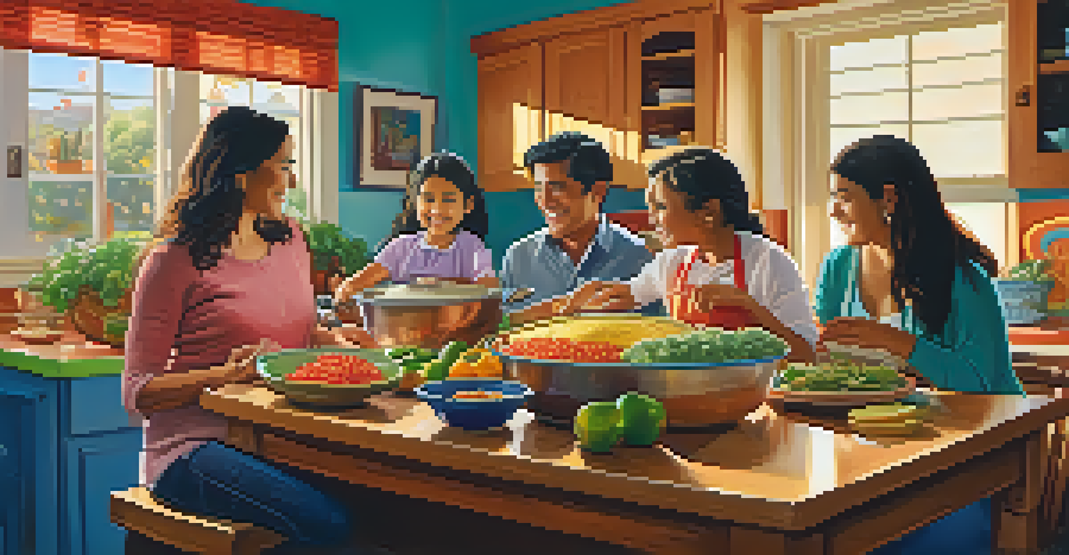 A Mexican-American family cooking together in their kitchen, surrounded by fresh ingredients and sunlight.