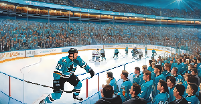 An animated mascot, S.J. Sharkie, performing tricks on the ice at a hockey game, with cheering fans in the background.