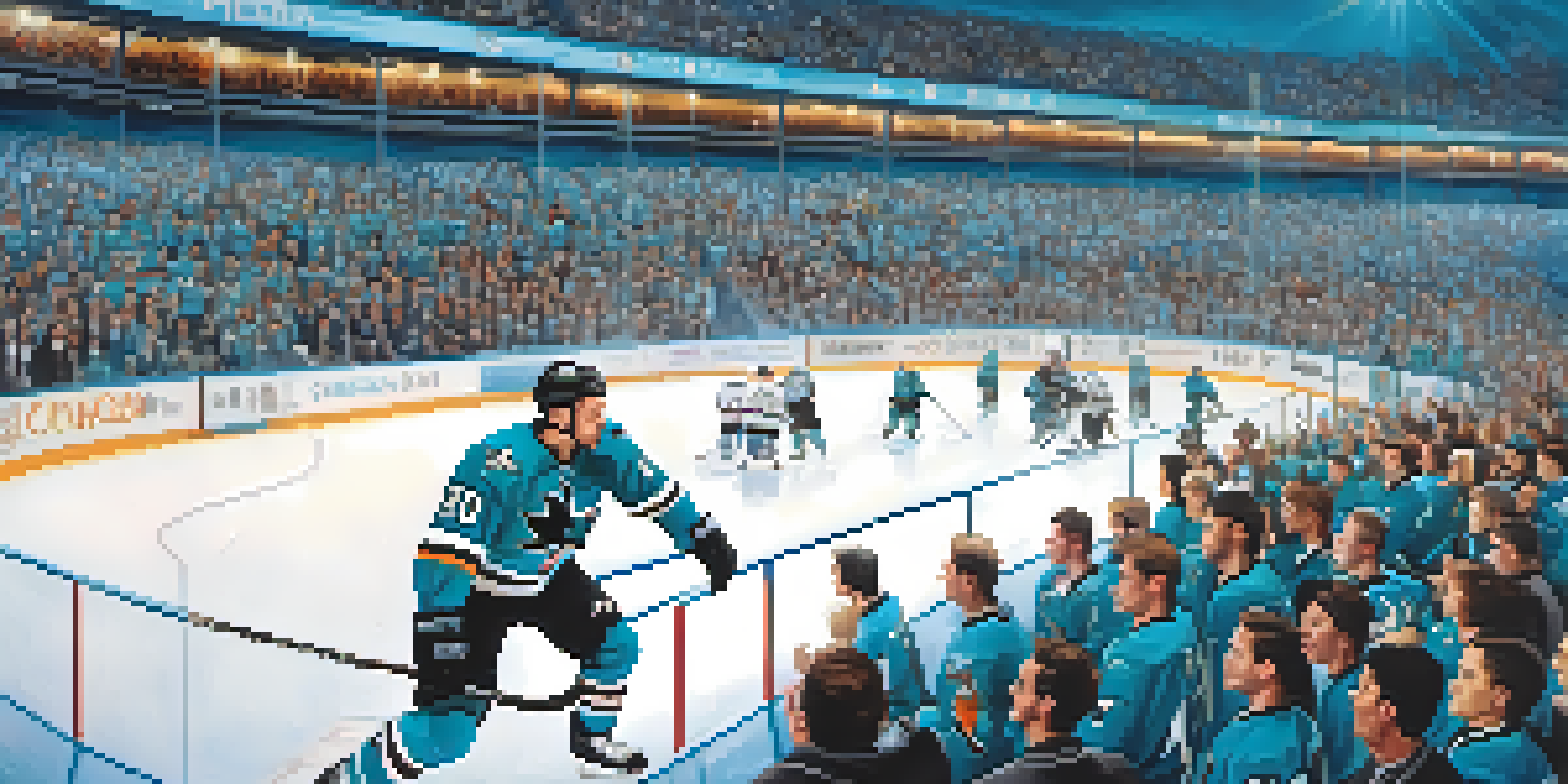 An animated mascot, S.J. Sharkie, performing tricks on the ice at a hockey game, with cheering fans in the background.