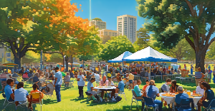 A diverse group of residents in a park, engaging in a community event with colorful banners and booths under a blue sky.