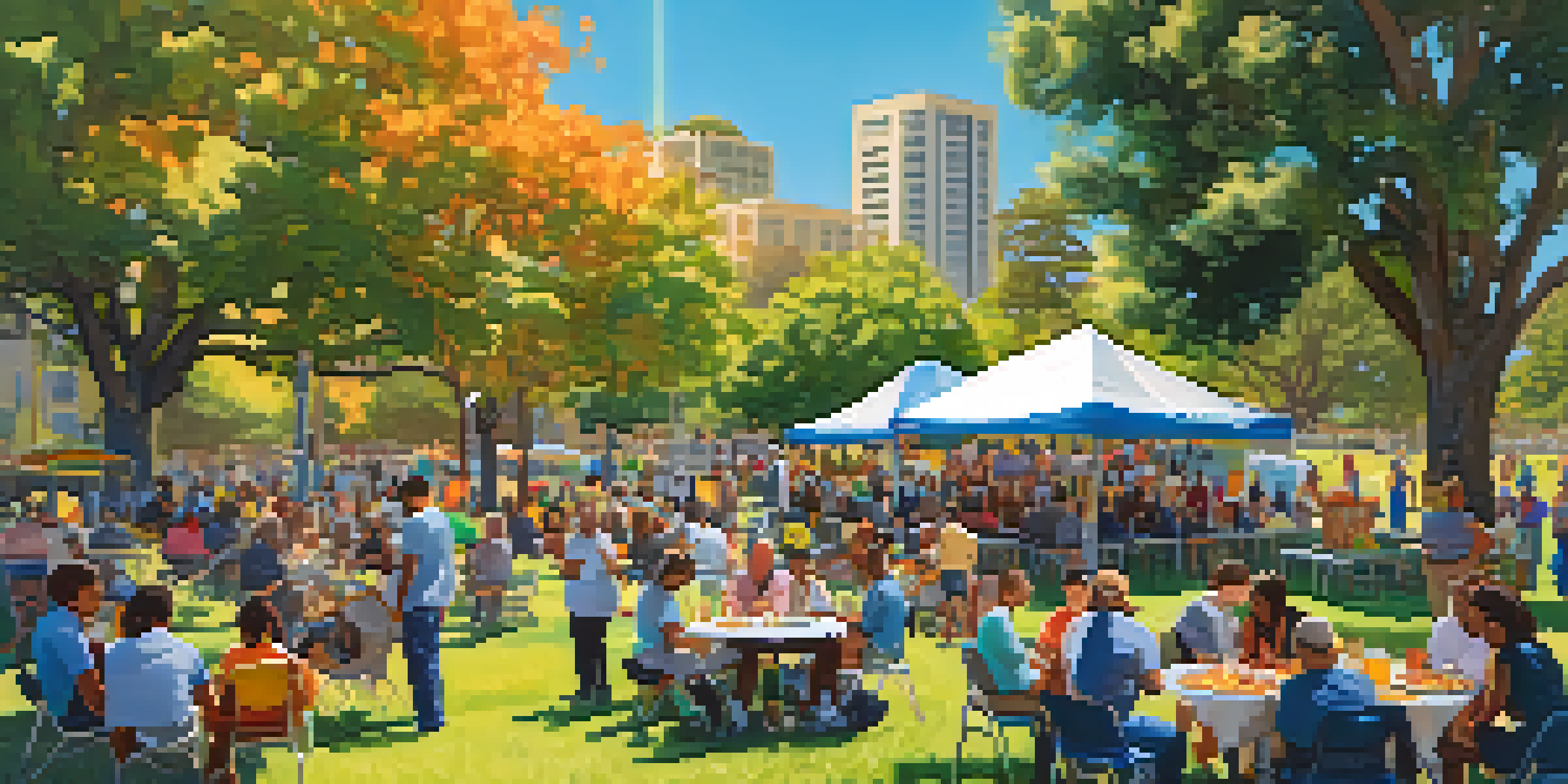 A diverse group of residents in a park, engaging in a community event with colorful banners and booths under a blue sky.
