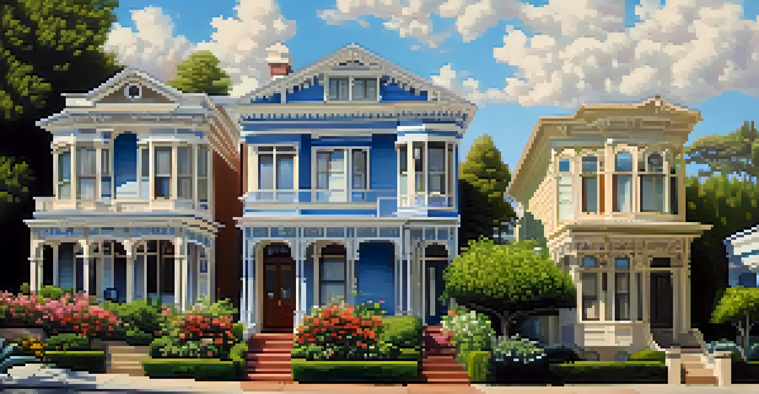 A charming historic neighborhood in San Jose featuring restored Victorian homes and blooming gardens on a sunny day.