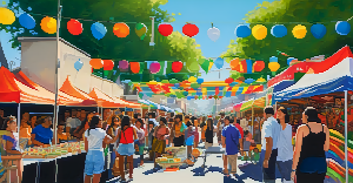 A lively street festival in San Jose with colorful cultural booths, diverse people enjoying food and music under a sunny sky.