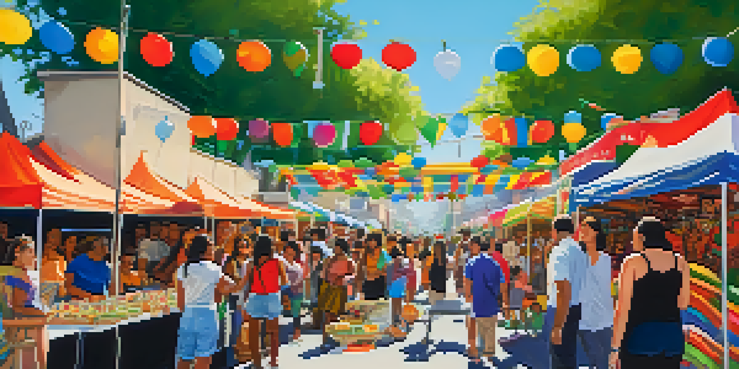 A lively street festival in San Jose with colorful cultural booths, diverse people enjoying food and music under a sunny sky.