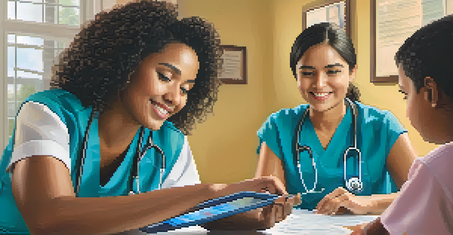 A healthcare provider explaining health insurance options to an immigrant family using a tablet, with a warm and friendly atmosphere.