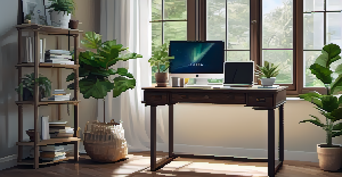 A cozy home office with a desk, laptop, and coffee cup, illuminated by natural light and surrounded by plants.