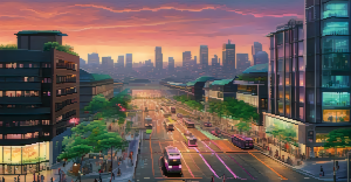 A vibrant smart city at dusk with glowing streetlights, pedestrians, and electric buses under a colorful sunset.