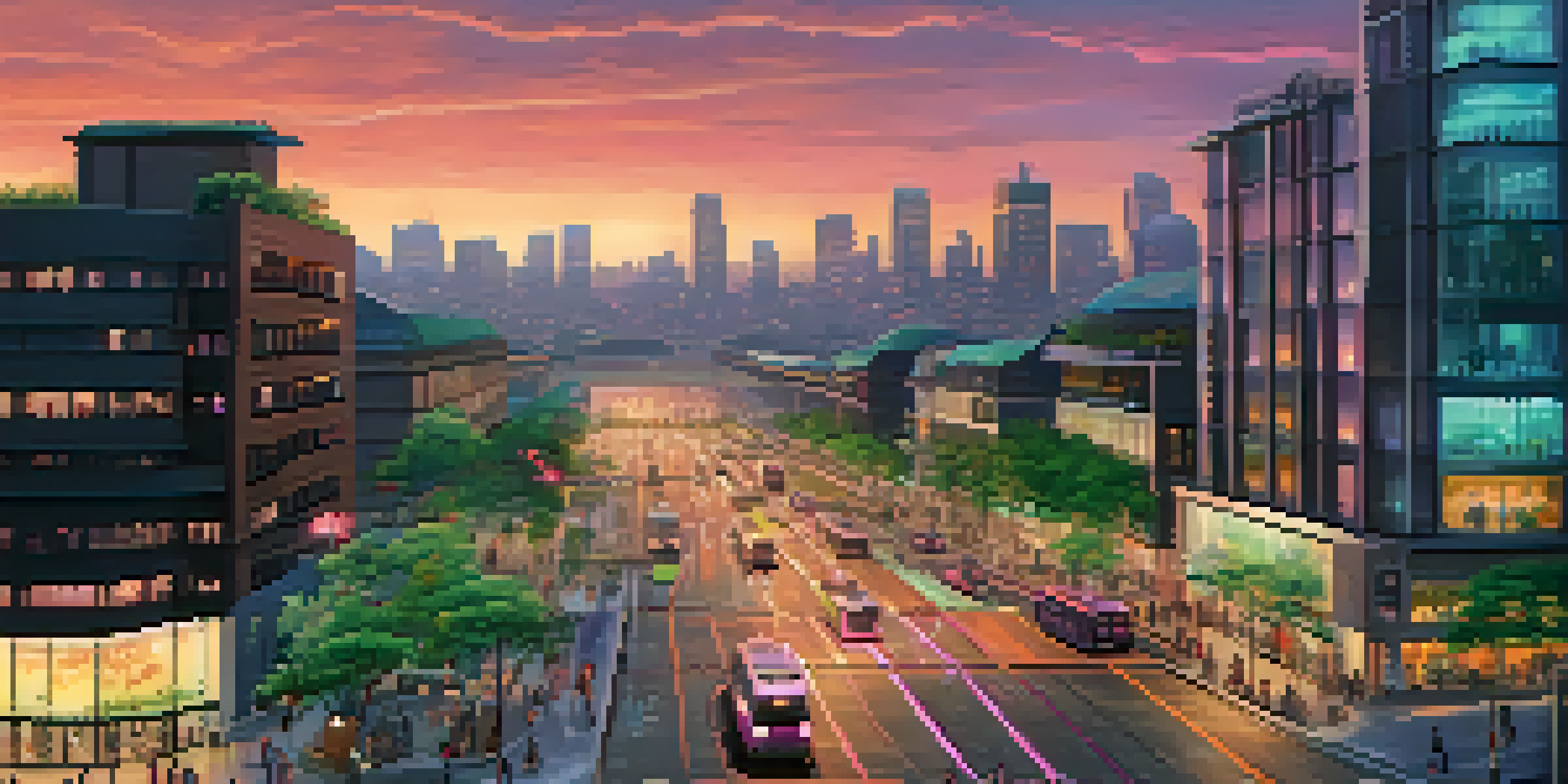 A vibrant smart city at dusk with glowing streetlights, pedestrians, and electric buses under a colorful sunset.