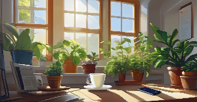 A peaceful workspace showing a smartphone with a mental health app, surrounded by plants and a cup of tea in a sunlit room.