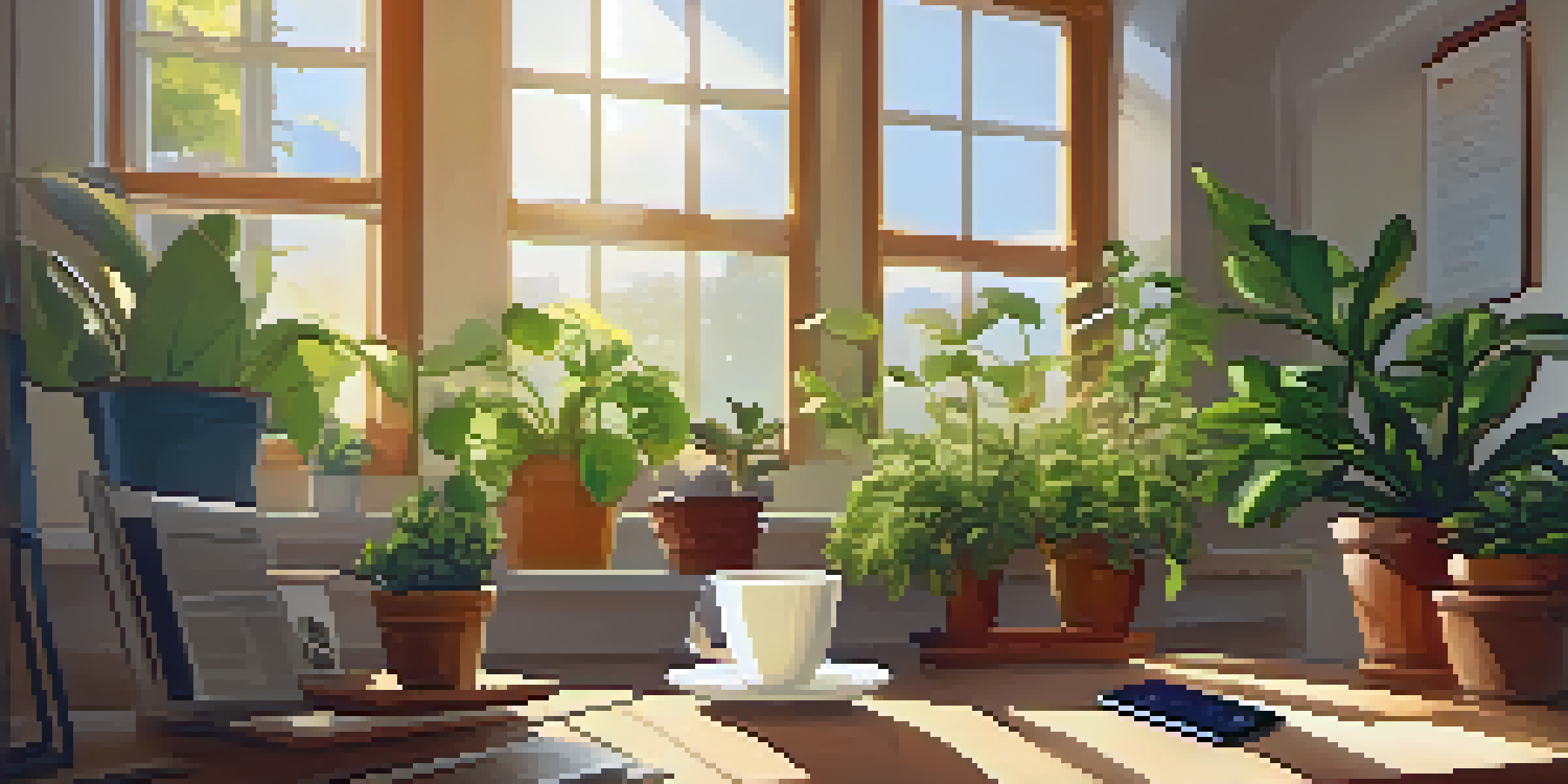 A peaceful workspace showing a smartphone with a mental health app, surrounded by plants and a cup of tea in a sunlit room.